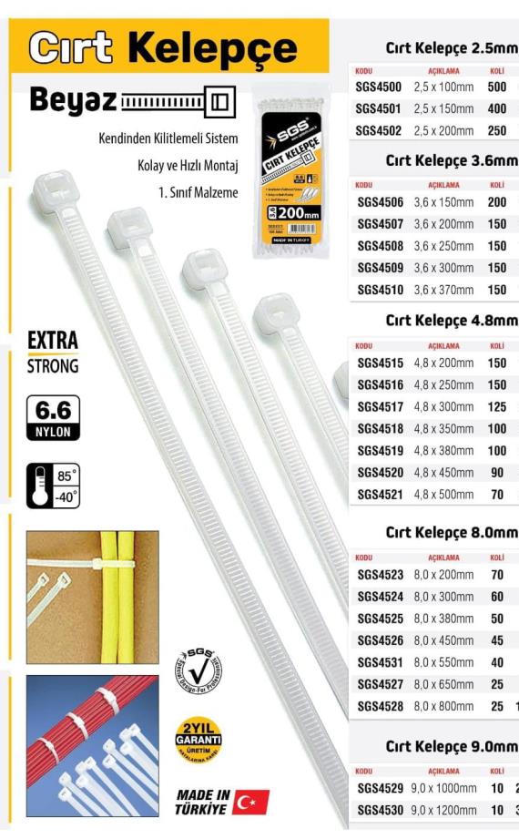 KABLO BAĞI PLASTİK CIRT KELEPÇE 4.8X380 BEYAZ VE SİYAH SG