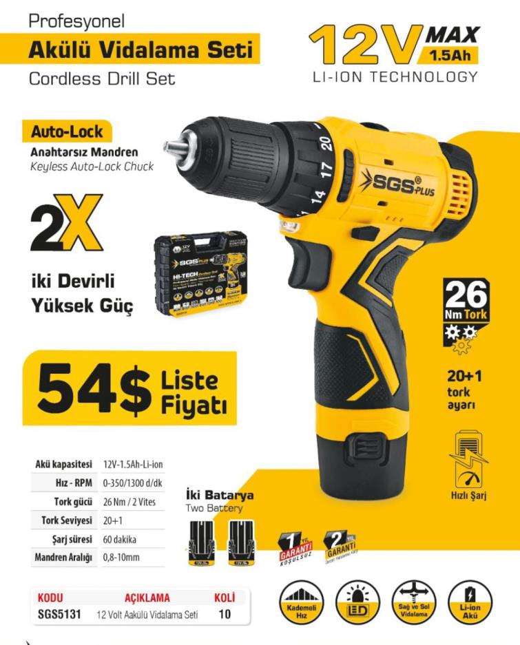 SGS ÇİFT AKÜLÜ ŞARJLI MATKAP VİDALAMA 12WT  