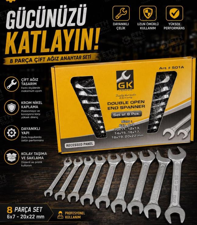 İKİ AĞIZ AÇIK ÇATAL ANAHTAR SETİ 8 PARÇA TAKIM 1.KALİTE